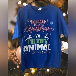 Home Alone Merry Christmas Ya Filthy Animal Blue T-Shirt Large Movie Quote